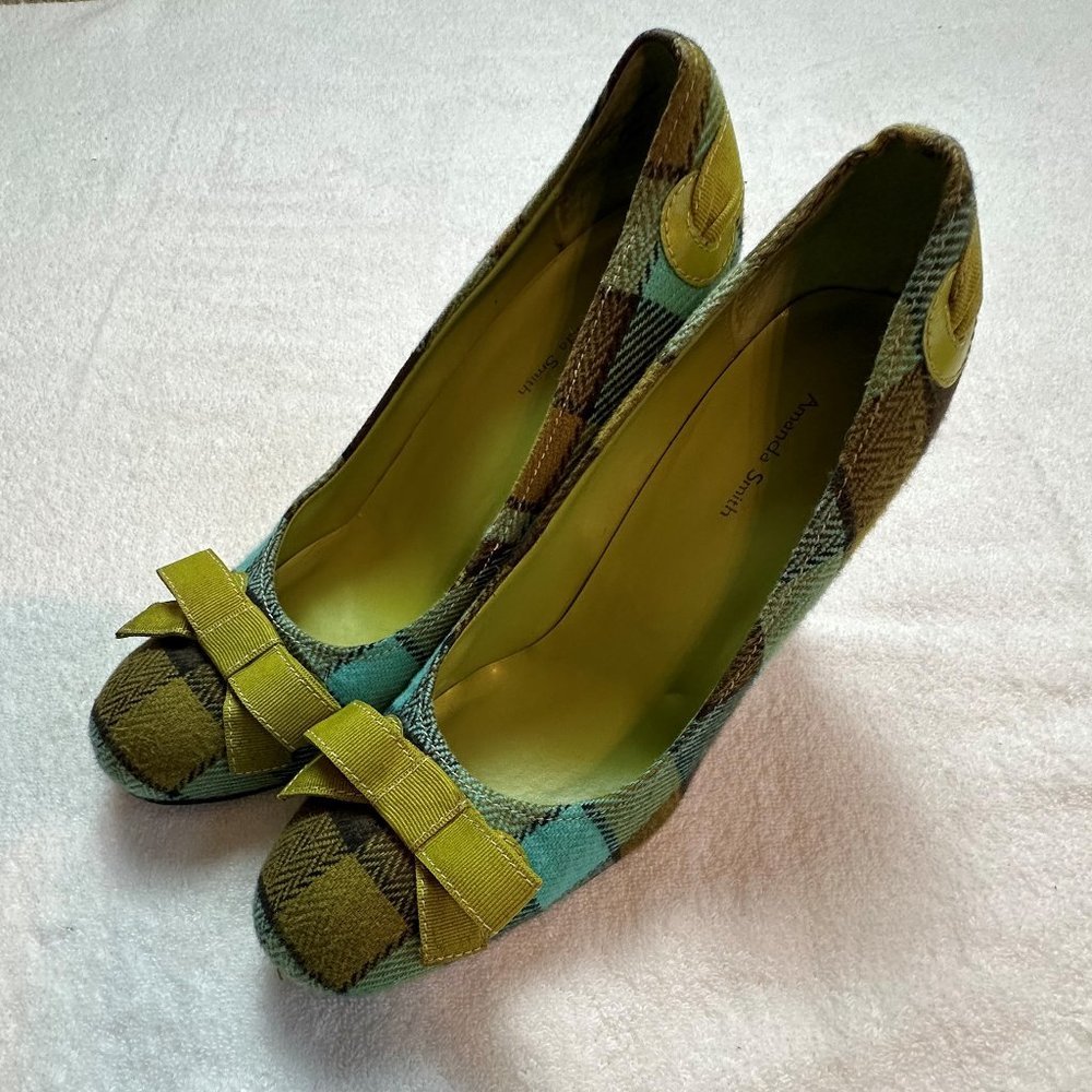 Retro High Heel Shoes FINAL PRICE Cloth Plaid Green/Brown Size 10M Amanda Smith